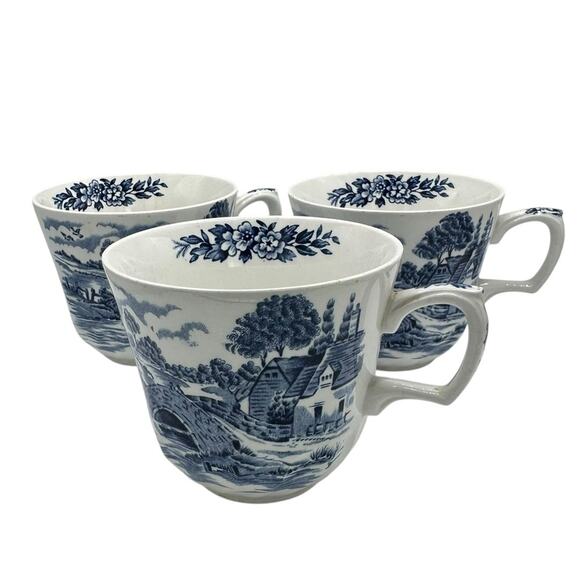 VTG Blue England Teacups Country House Floral Set of 3 - Picture 1 of 6